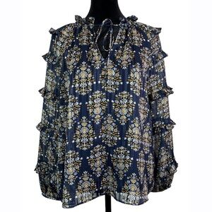 Express Women’s Blue Silver Multi Color Semi-Sheer Floral‎  Blouse Size Small